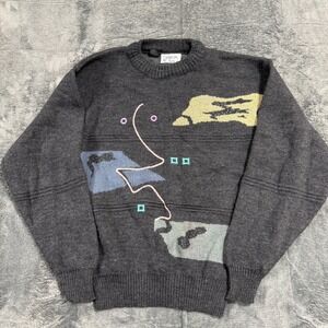 Cambio Italia Abstract Intarsia Wool Blend Sweater Mens M Charcoal Grey